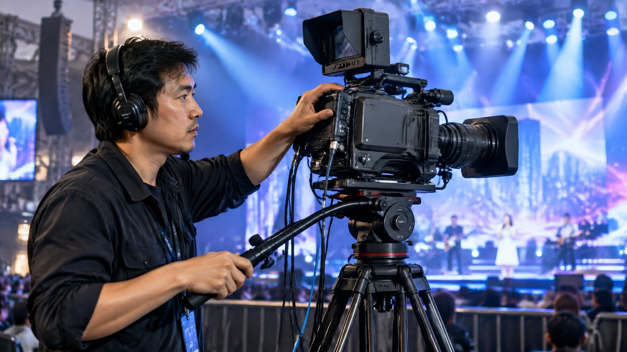 Camera operator positioning a camera on a tripod at an event