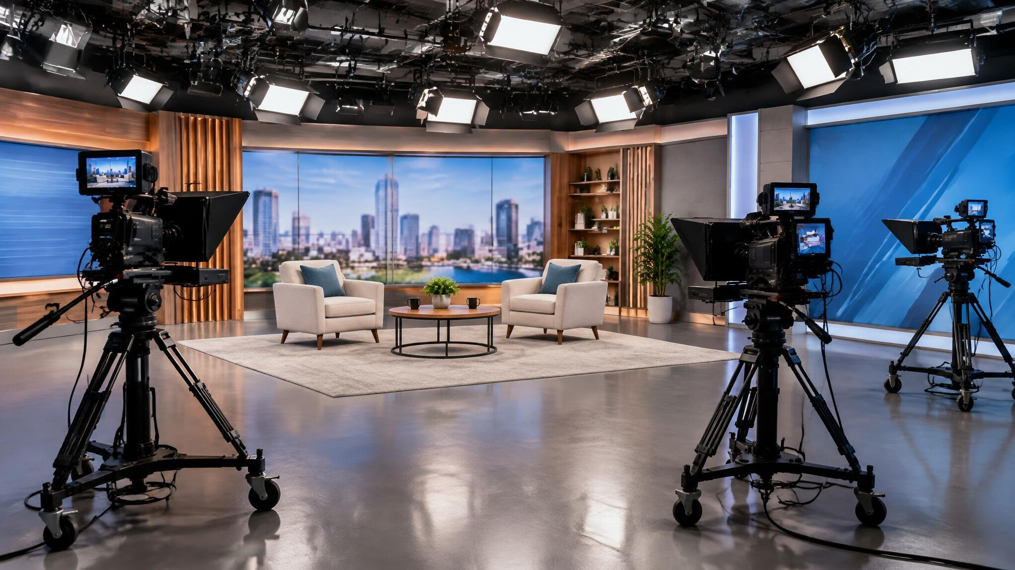 Television studio set with cameras and lighting rig