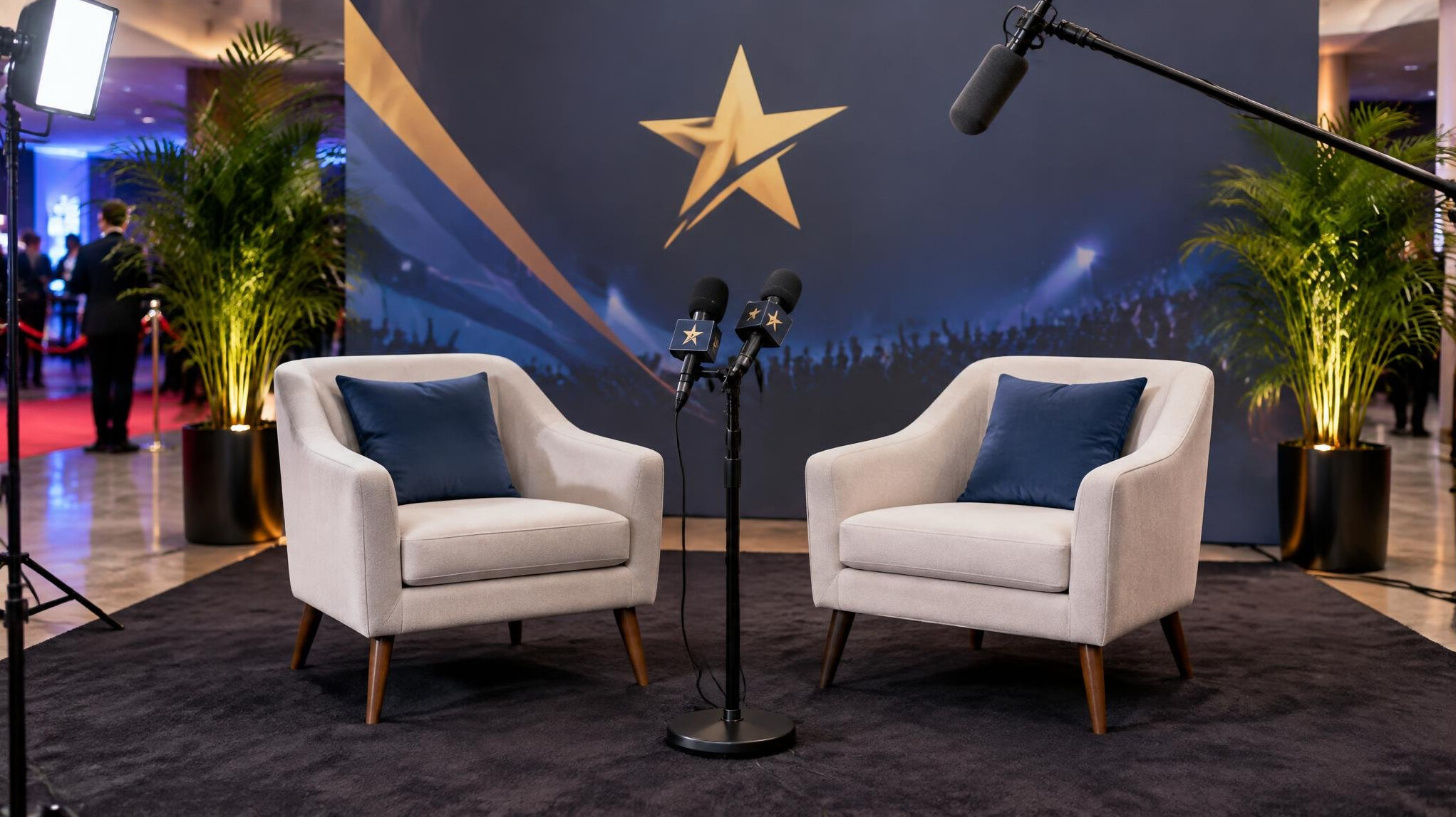 Interview zone with chairs and microphones set up for an event