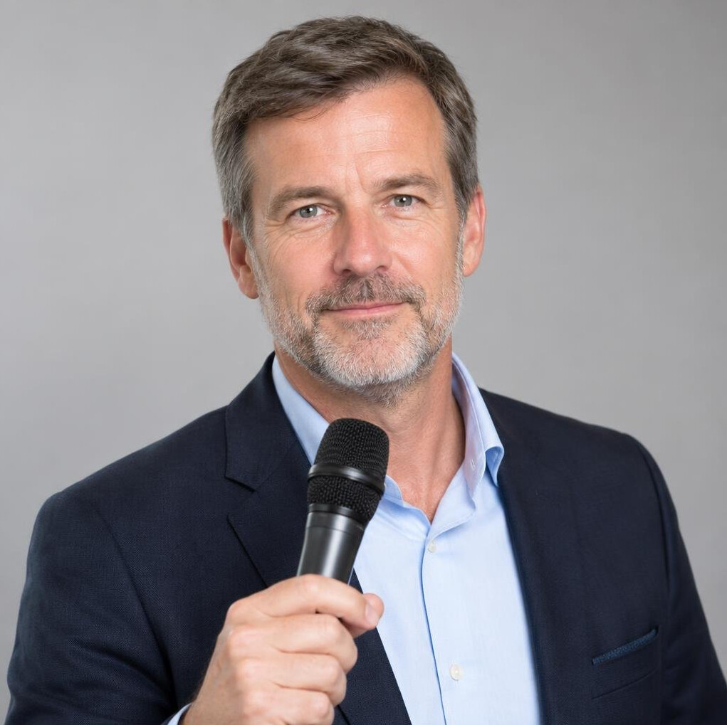 Portrait of an interview coach with a microphone