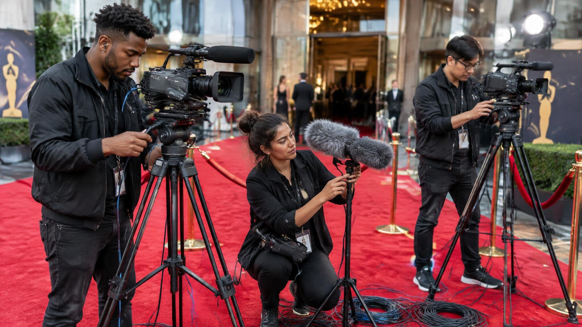 Camera crew setting up equipment before a red carpet event